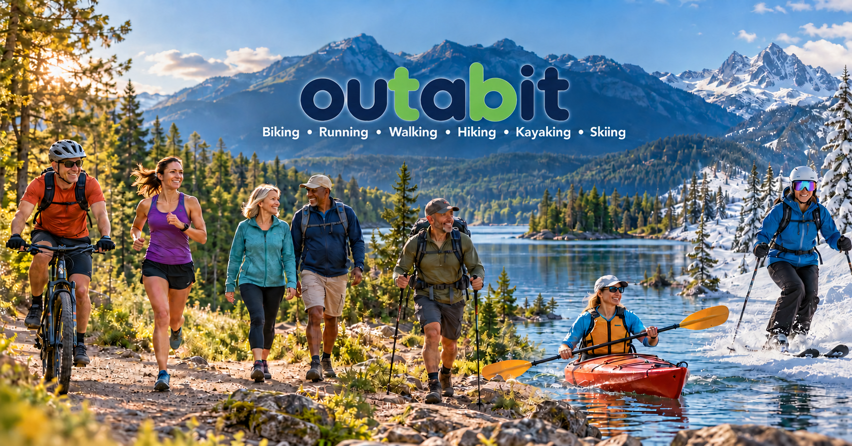 Inclusive scene of people enjoying different outdoor activities beneath the outabit logo